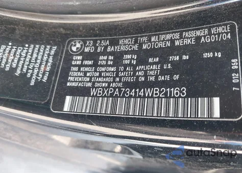 2004 BMW X3 2.5I z USA, uszkodzony, nr VIN WBXPA73414WB21163